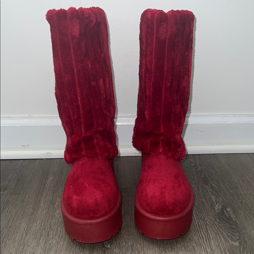 Cozy Red Plush Winter Platform Boots - Picture 3 of 9
